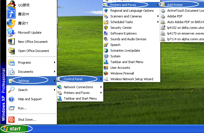Click Start, Control Panel, Printers and Faxes, then click Add Printer